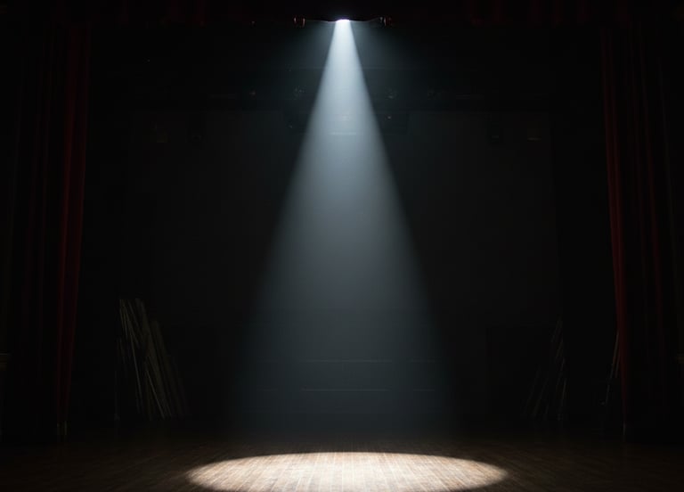 A single bright theater spotlight shining on an empty wooden stage with red curtains.