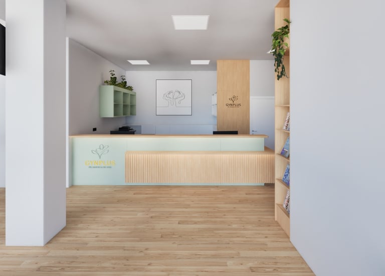 Heller, moderner Empfangsbereich einer Frauenarztpraxis (GYNPLUS) im 21. Bezirk mit Holz- und Pastel