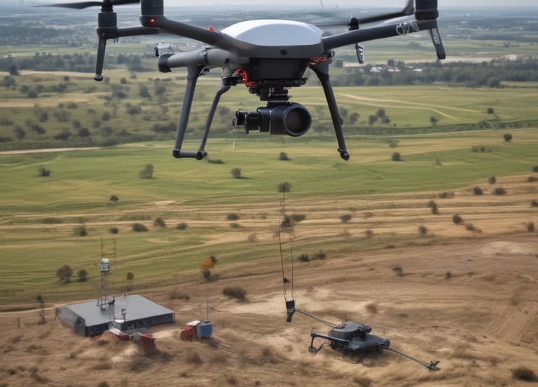 A drone flying high above a sprawling forested landscape during golden hour.