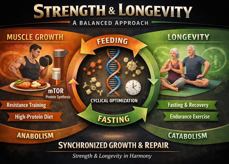Optimize muscle growth without harming longevity. Understand mTOR, autophagy, protein timing, and fa