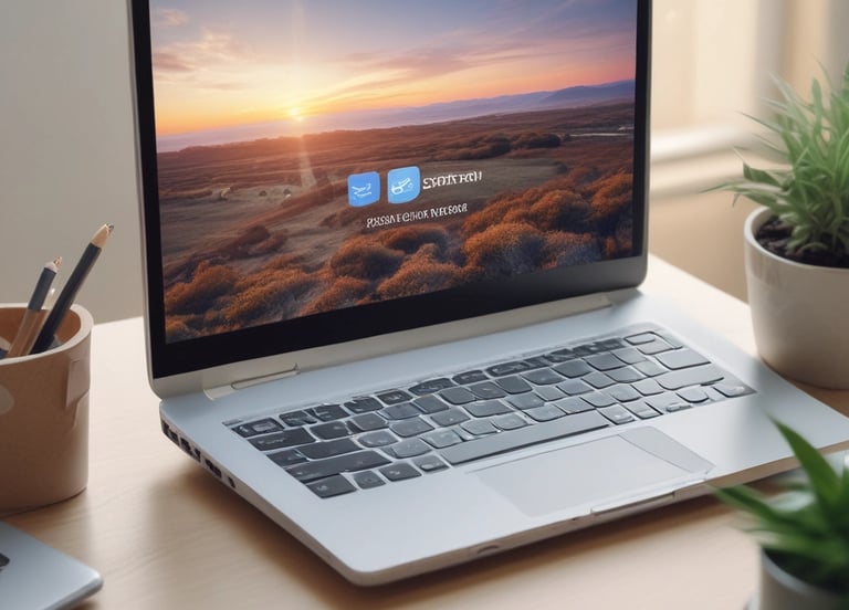 A friendly web designer working on a laptop with blue-themed website mockups on screen.