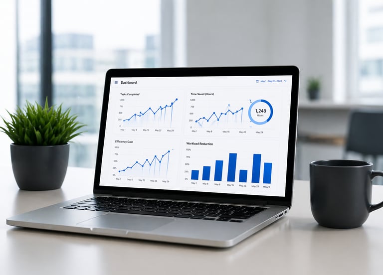 Laptop dashboard showing business analytics and automation results