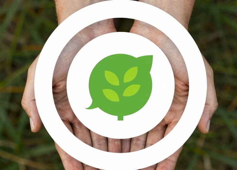 A lively community gathering outdoors, with diverse people engaged in discussion under tall redwoods.