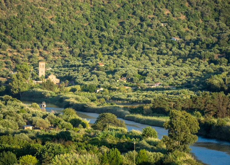 View of Temo River and San Pietro church in Bosa, Sardinia