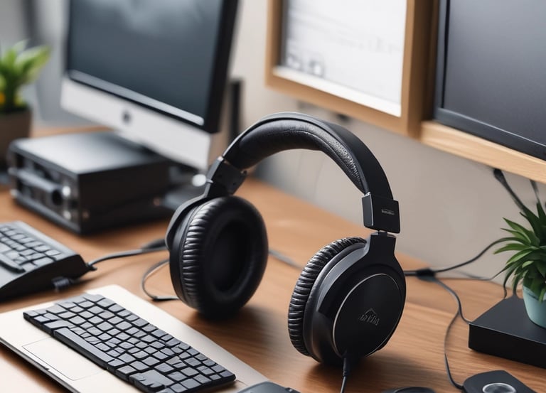 A professional headset placed next to a computer monitor.