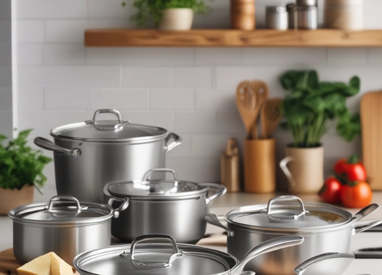 stainless steel cookware on a clean kitchen counter