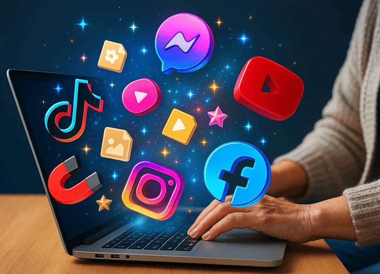 Social media icons with sparkles emerging from laptop screen in colorful tech-themed workspace.