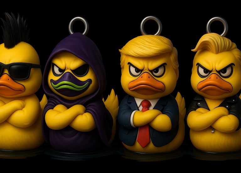 a group of rubber duckies with a man in a suit and tie