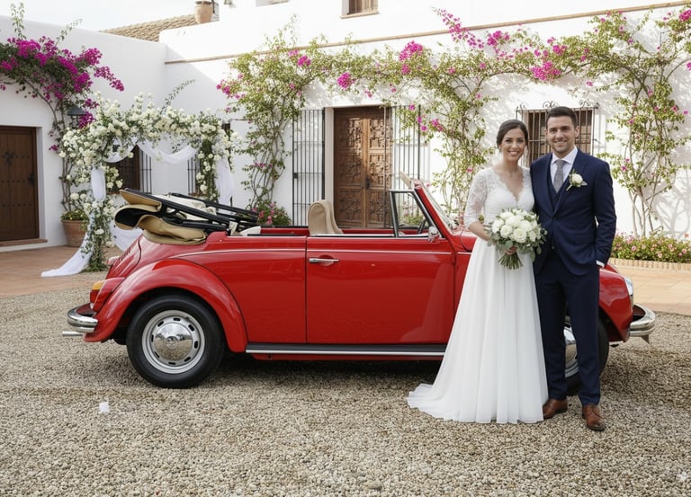 Volkswagen Beetle Cabriolet rojo 1971 para bodas, alquiler de coche clásico con encanto retro en España.