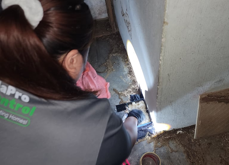Pest Control technician servicing termites baiting station