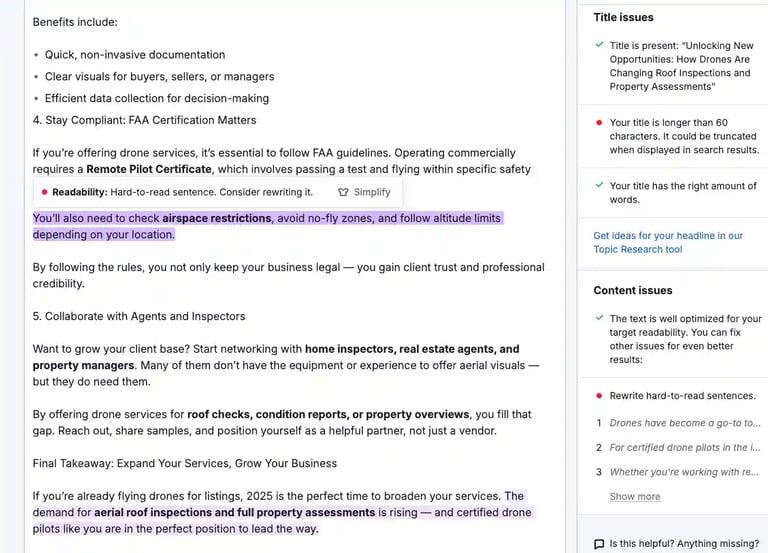 Screenshot of a content editing tool with highlighted text and optimization suggestions