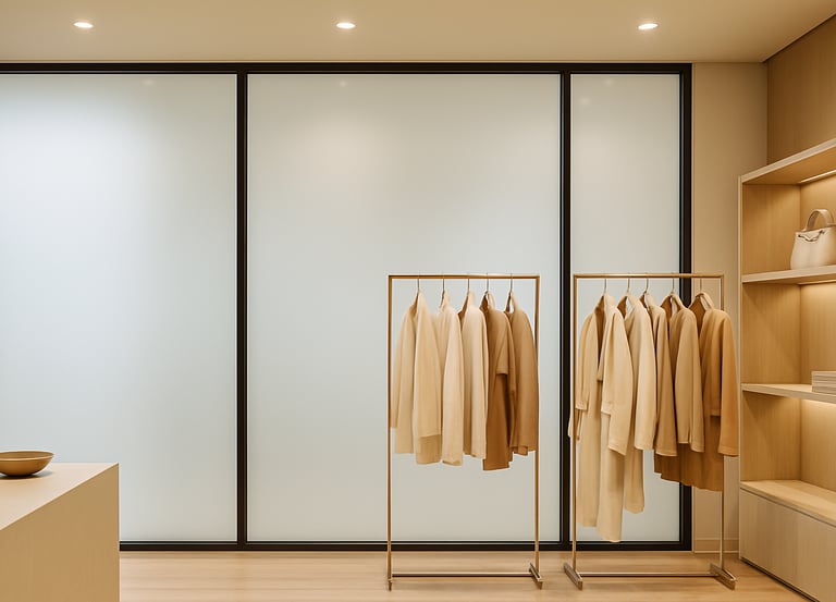Showroom di moda con parete in vetro opacizzata da pellicola LCD, allestimento curato