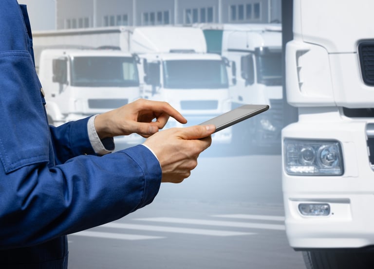 Manager with a digital tablet on the background of trucks. Fleet management