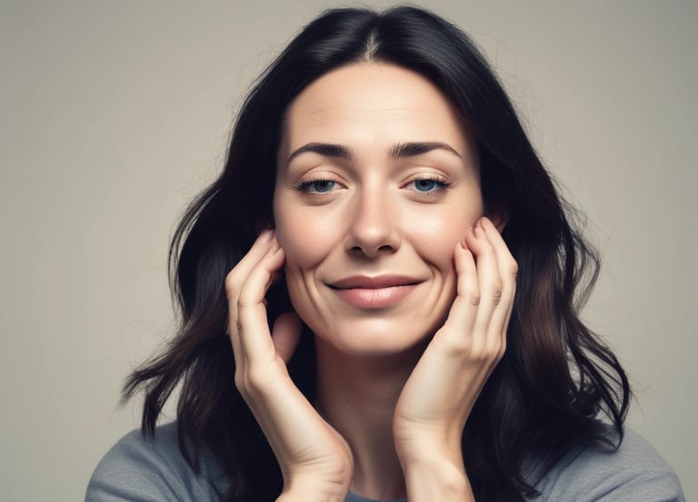A warm, inviting scene of a woman smiling during a relaxed coaching session.