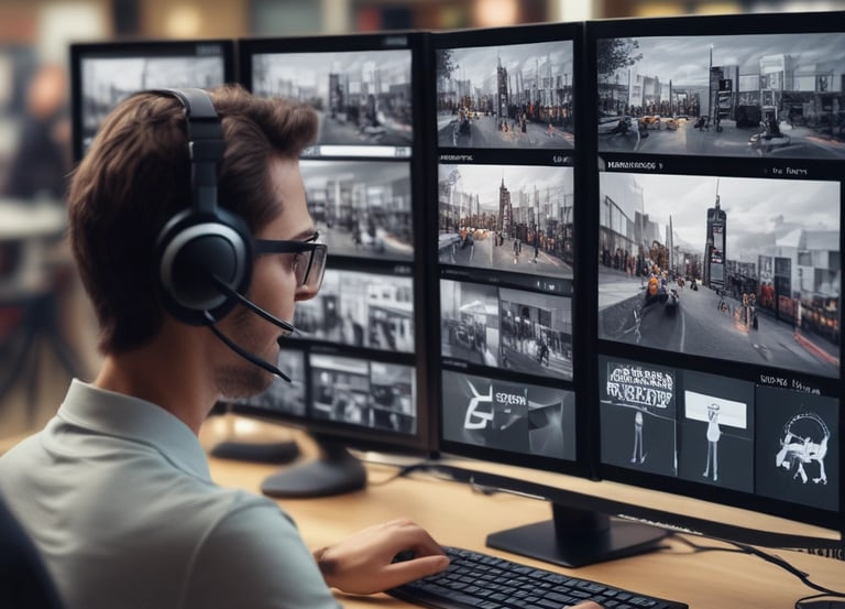 A professional monitoring agent at a desk with multiple live camera feeds displayed on screen.