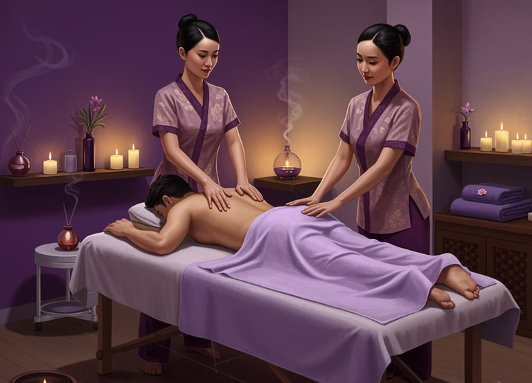 Asian girls performing 4 hands massage