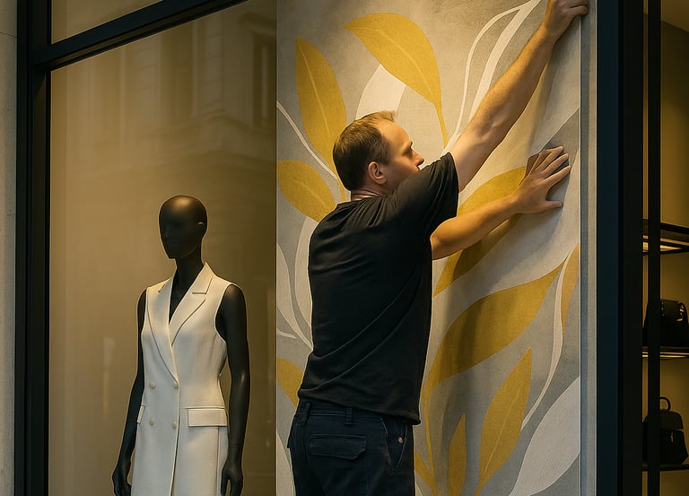 Il team di AMK Solutions che si occupa di allestire una vetrina di negozio