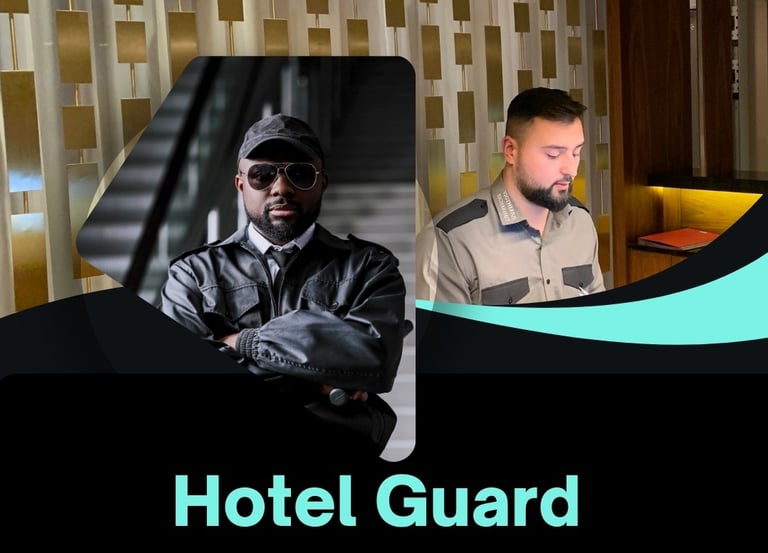 a man in a hotel room with a hotel room in the background