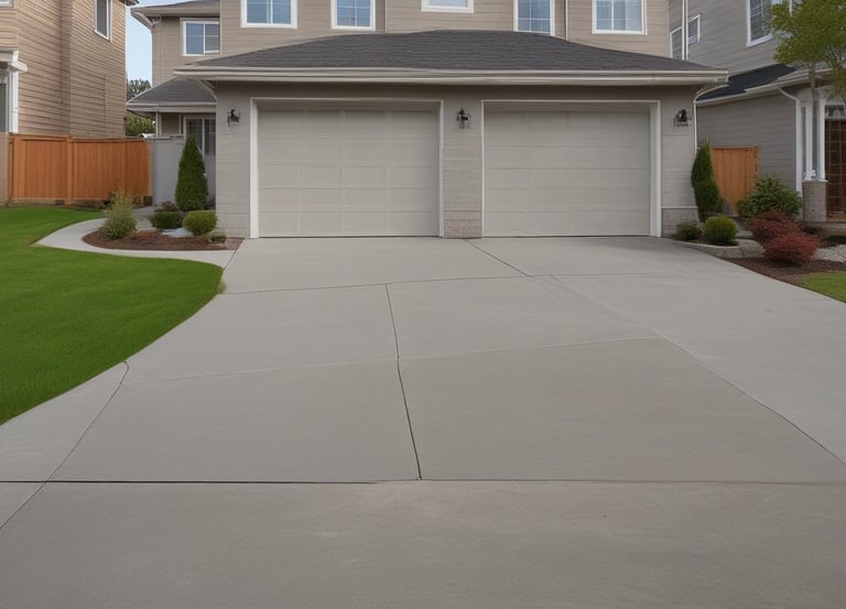A warm front porch with a freshly poured concrete patio adorned with potted plants.