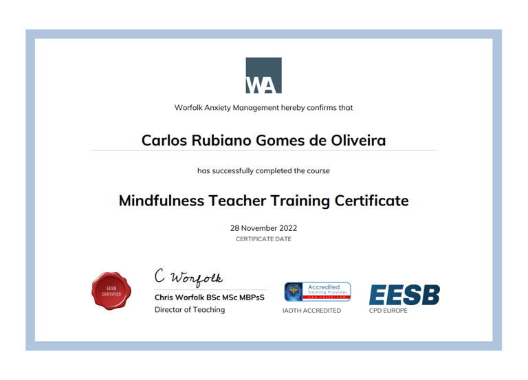 Certificado de Instrutor de Mindfulness, Carlos Rubiano