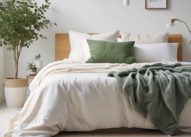 Non-toxic bedding made from organic cotton or linen on a neatly made bed in a bright, airy bedroom