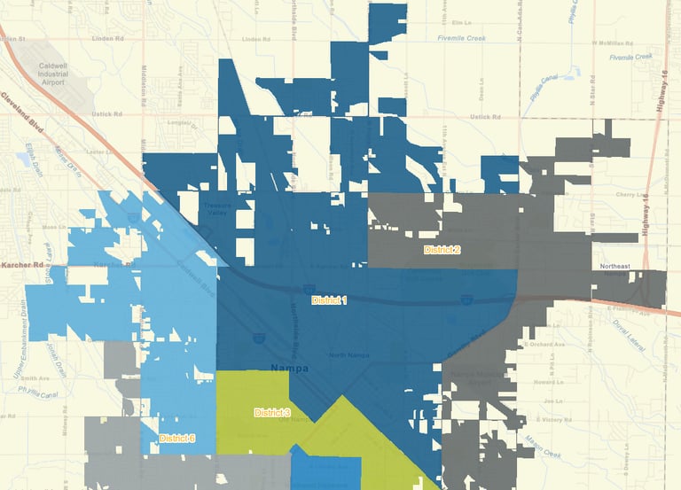 Map of Nampa, Idaho showing the city council district where Kody Daffer is running for office