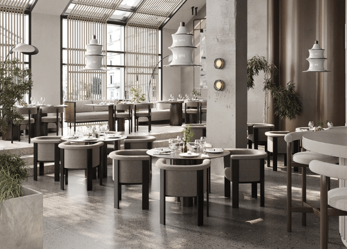 a restaurant with a large open space with a large window