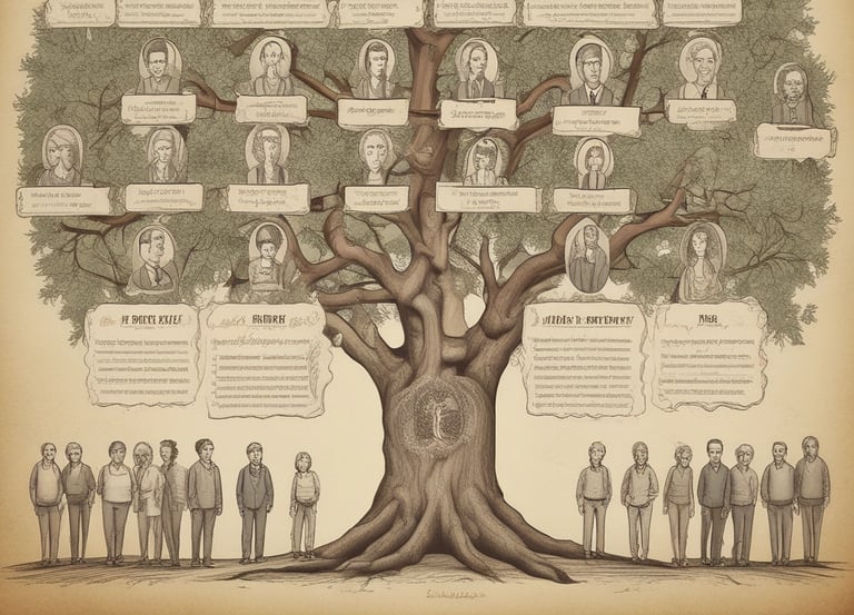 A large family group poses together in front of a traditional wooden house with a red roof. The group consists of adults, teenagers, and children, all wearing colorful traditional clothing typical of a cultural or festive occasion. The scene has a natural background with trees and parked cars.