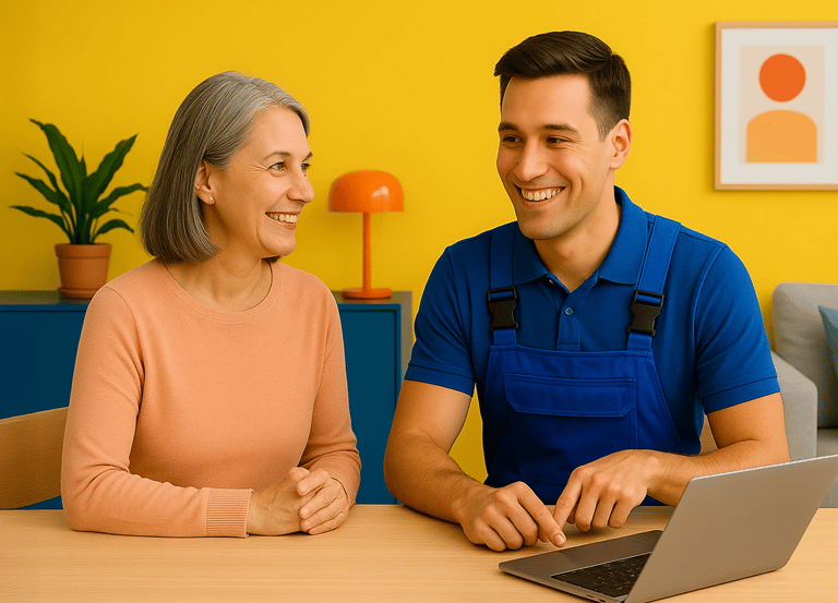 Tech matchmaker in Cedar Rapids helping customer pick the right device in bright, colorful room.