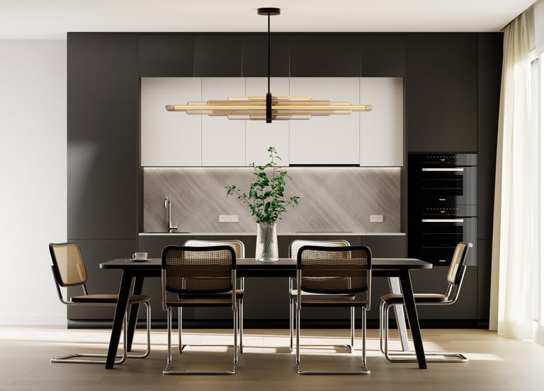 visualisation 3D d'une salle à manger design avec table centrale et éclairage naturel