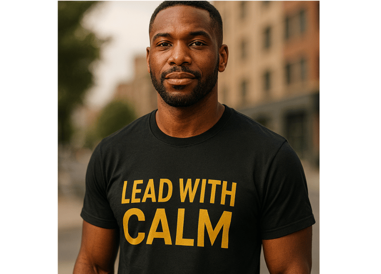 Black man wearing Lead With Calm T-shirt for Table Theory