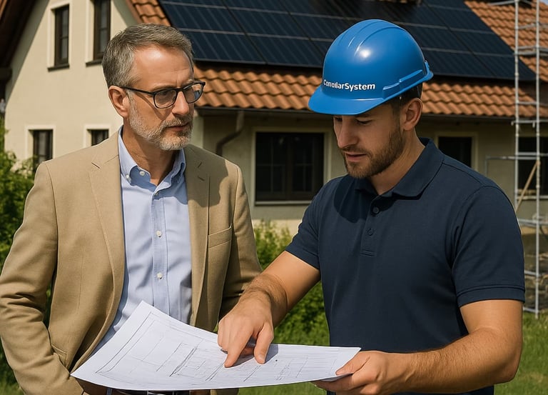 Zwei Männer stehen vor einem Haus mit Solarpaneelen.