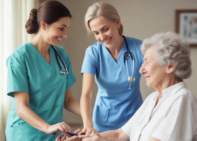A friendly caregiver assisting an elderly woman with a warm smile in a bright, cozy living room.