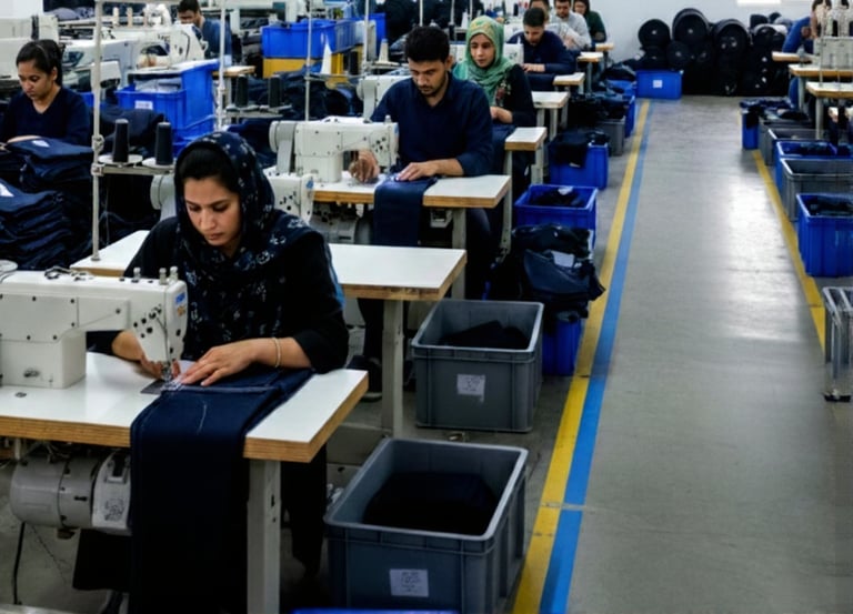 Workers at a production facility using industrial sewing machines to assemble garments.