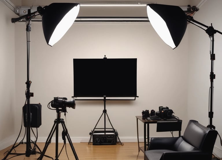 A dimly lit setting featuring two individuals working with film equipment, including a large camera on a tripod and lighting equipment. The environment suggests a focus on film production or cinematography.