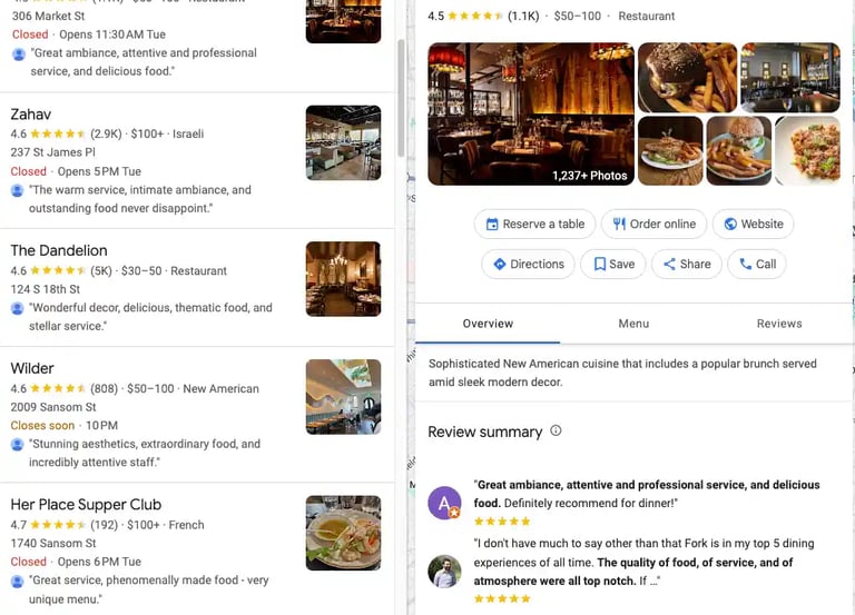 Google Business Profile of a top-rated restaurant with photos, reviews, and star rating
