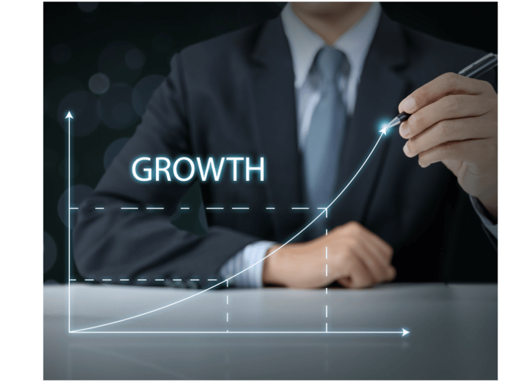 Graph showing upward business growth over time, successful results and strategic progress