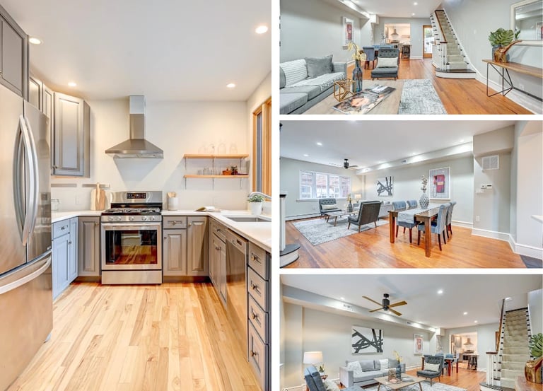 HDR real estate photography of a Philadelphia home showcasing kitchen, living room, and dining areas