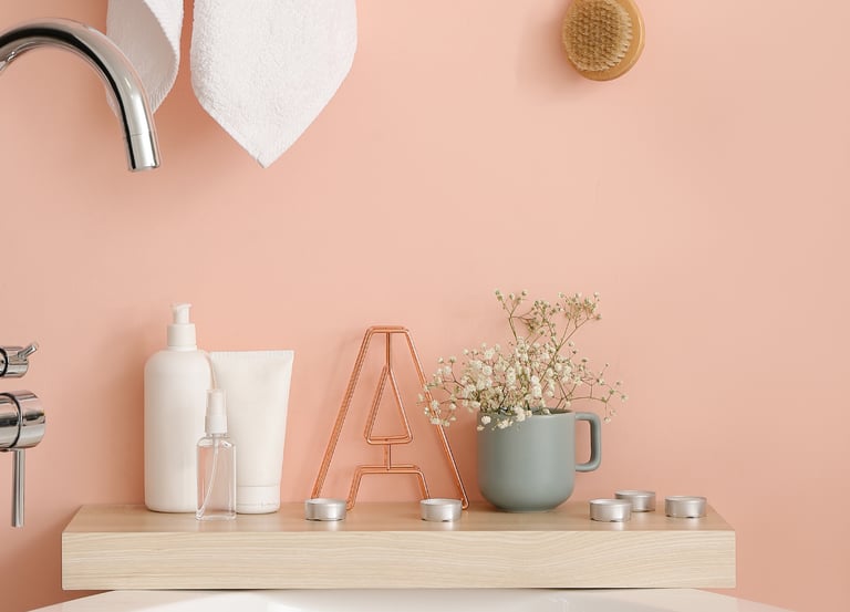 salle de bain rangée, organisée, épurée, aux couleurs douces