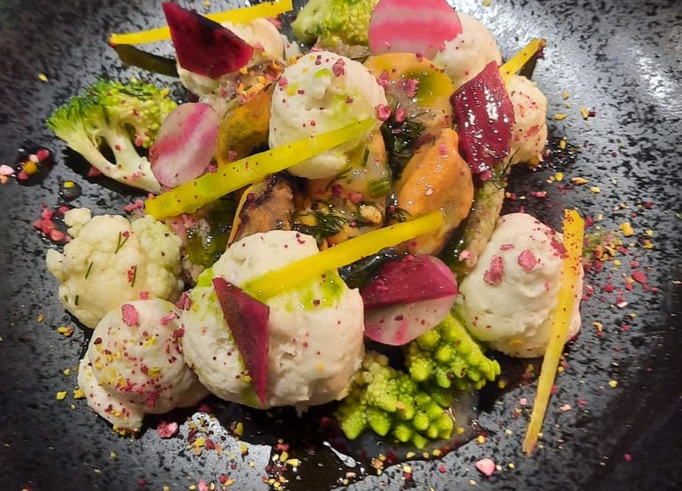 salade de moules, émulsion marinières et choux