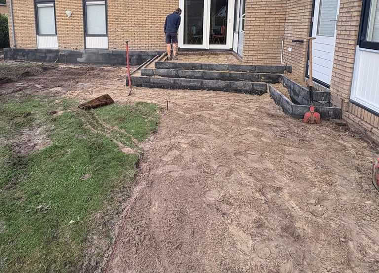 Betsema Bestrating bezig met grondwerk in een tuin.