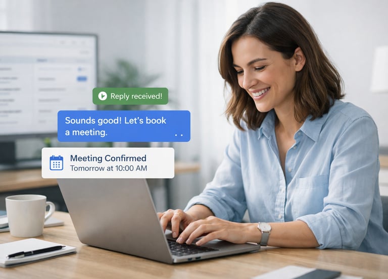 Smiling woman using a laptop to schedule a confirmed business meeting via chat notifications.