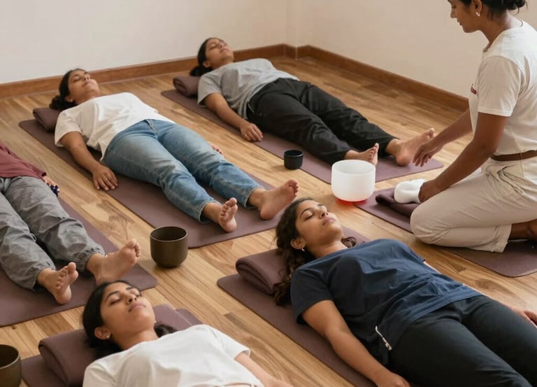 A serene group practicing yoga outdoors at sunrise, surrounded by nature.