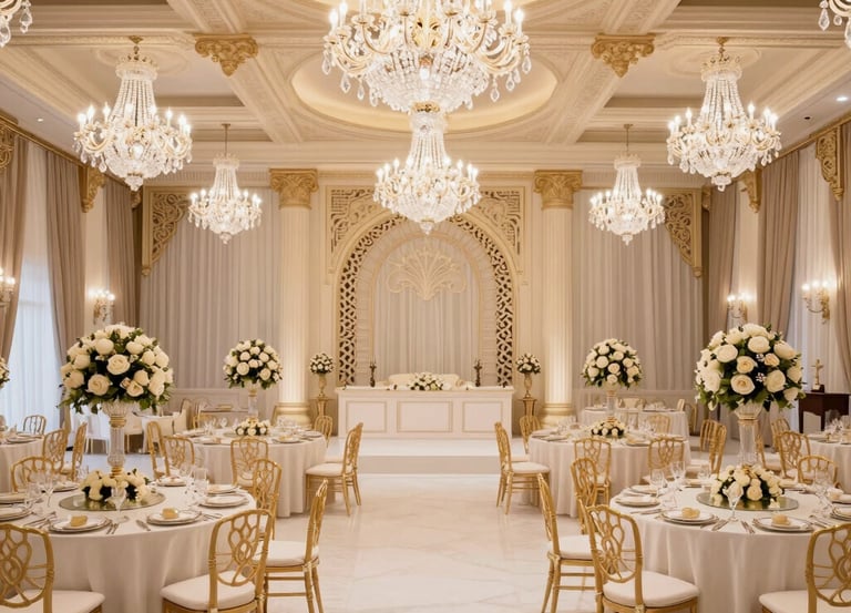 Elegant banquet hall in a Marbella villa adorned with royal purple and gold wedding decor.