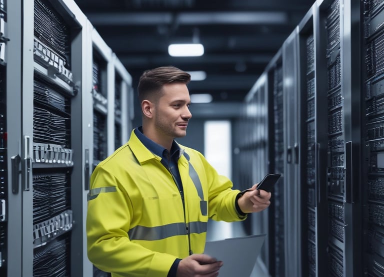 A professional IT technician monitoring multiple server screens in a modern data center.