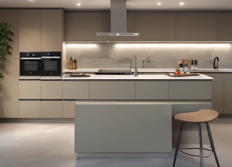 Modern kitchen cabinet workshop with craftsmen working on wood furniture.