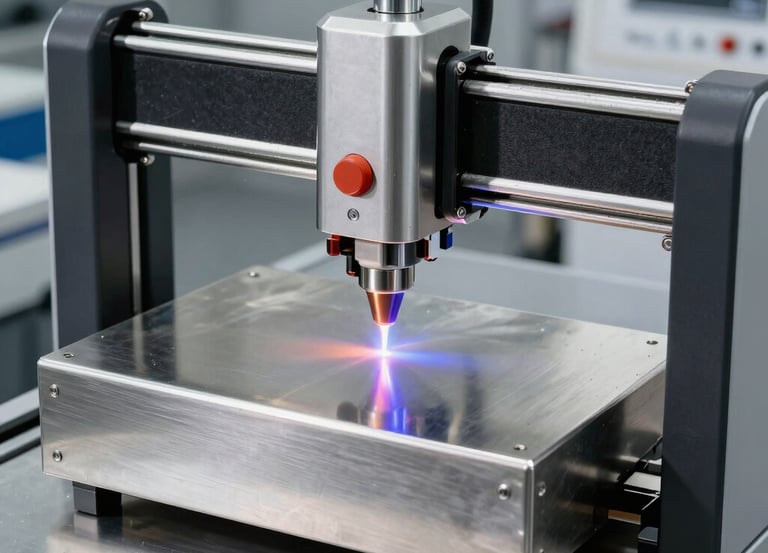 Close-up of a laser cutting machine shaping stainless steel with sparks flying.