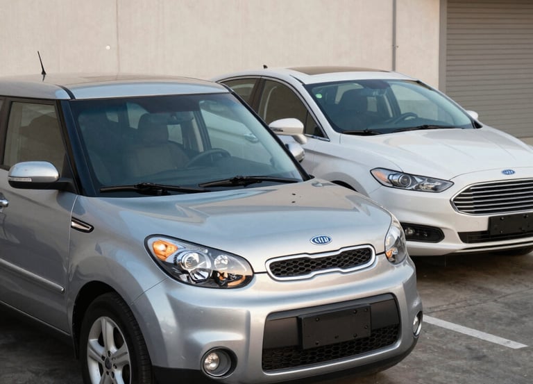 A happy gig driver delivering food with a FamiliaDrive rental car in a bustling neighborhood.