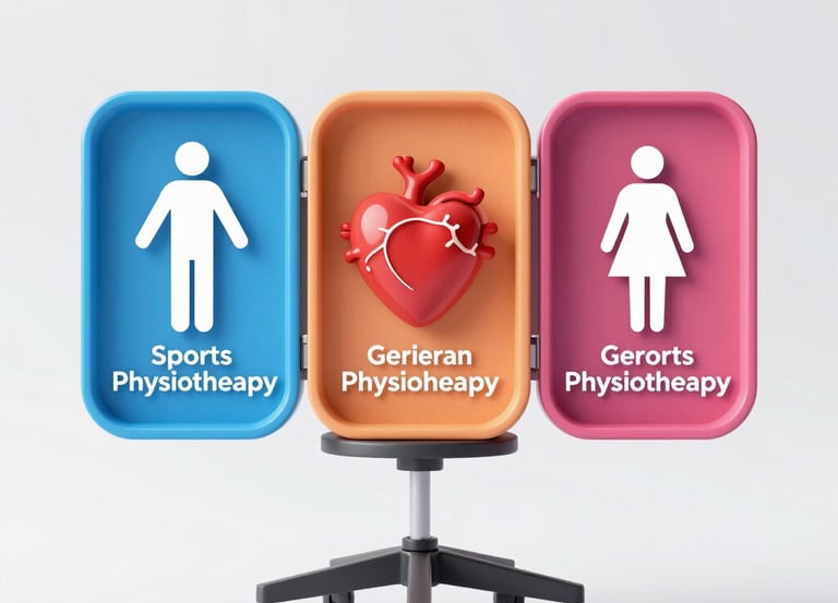 A collage showing a sports physiotherapy session, elderly patient receiving care, and cardiac rehabilitation exercises.