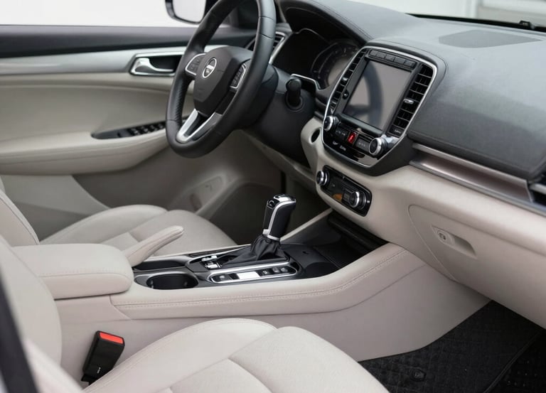 A professional cleaner wiping down the dashboard of a car inside a bright garage.